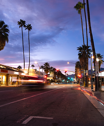 Long Exposure Street Photography Image of Palm Canyon in Palm Springs, California at Sunrise