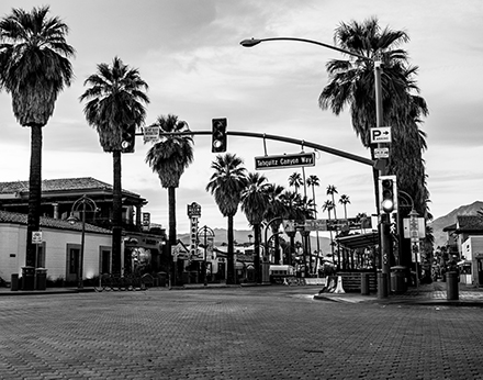 Black and White Street Photography Image of Tahquitz canyon and Palm Canyon in Palm Springs, California
