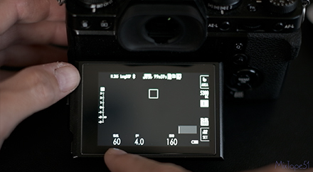 Image of fuji x-t3 LCD showing 60th shutter speed, f4 and ISO 160