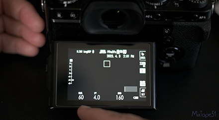 Image of fuji x-t3 LCD showing 60th shutter speed, f4 and ISO 160