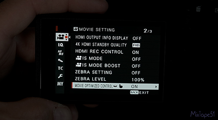 Image of fuji x-t4 menu option for selecting to turn on movie optimized control