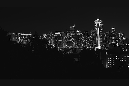 Street Photography Image of Seattle Washington and the Space Needle from Kerry Park at night in black and white