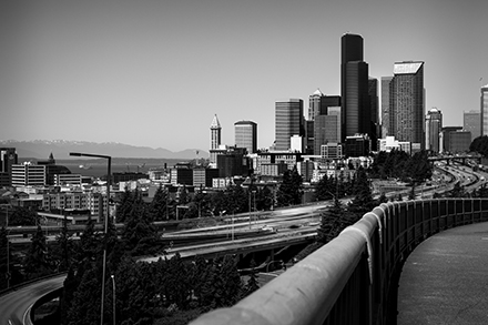 Street Photography long exposure Image of Seattle Washington from Dr. Jose Rizal Park in black and white